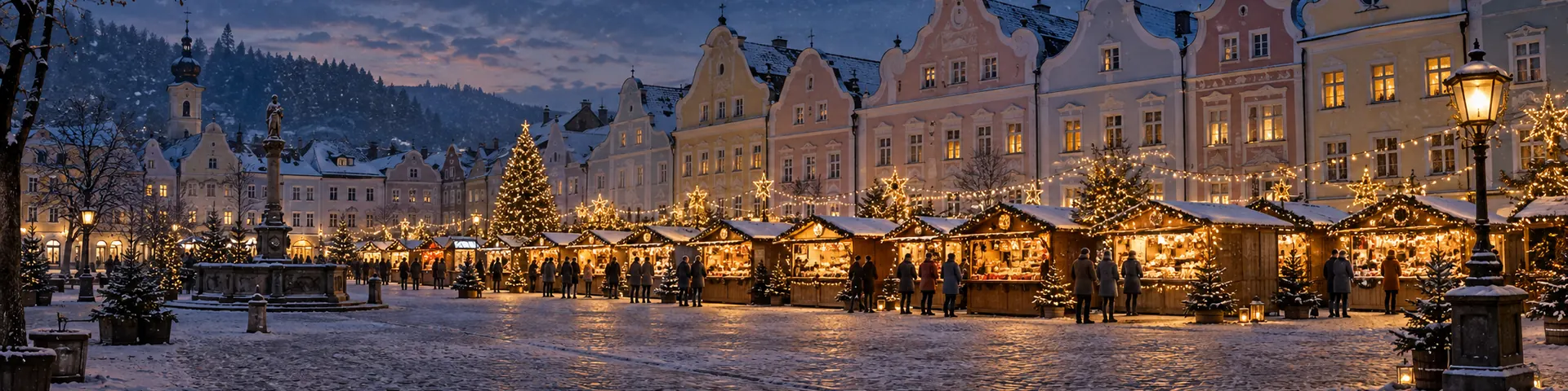 Adventmarkt auf einem langen Stadtplatz vor pastellfarbenen Barockgiebeln