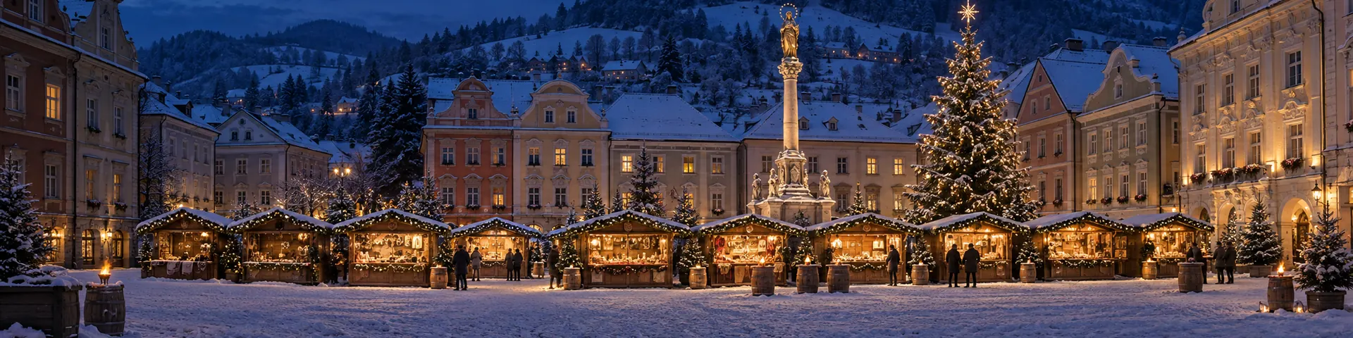 Adventmarkt mit Mariensäule und Christbaum auf einem Hauptplatz, dahinter bewaldete Hügel