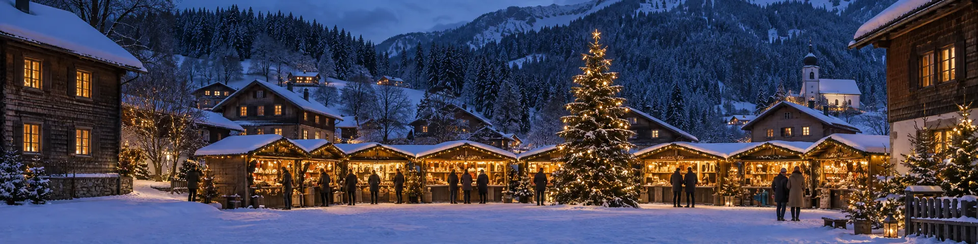 Beleuchtete Holzhütten im tiefen Schnee zwischen Schindelhäusern eines Bergdorfs