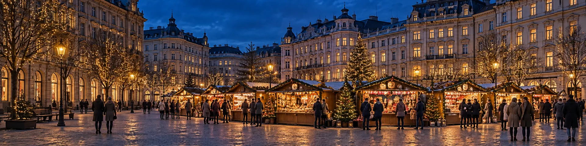 Christkindlmarkt mit beleuchteten Holzhütten auf einem Großstadtplatz vor Gründerzeitfassaden