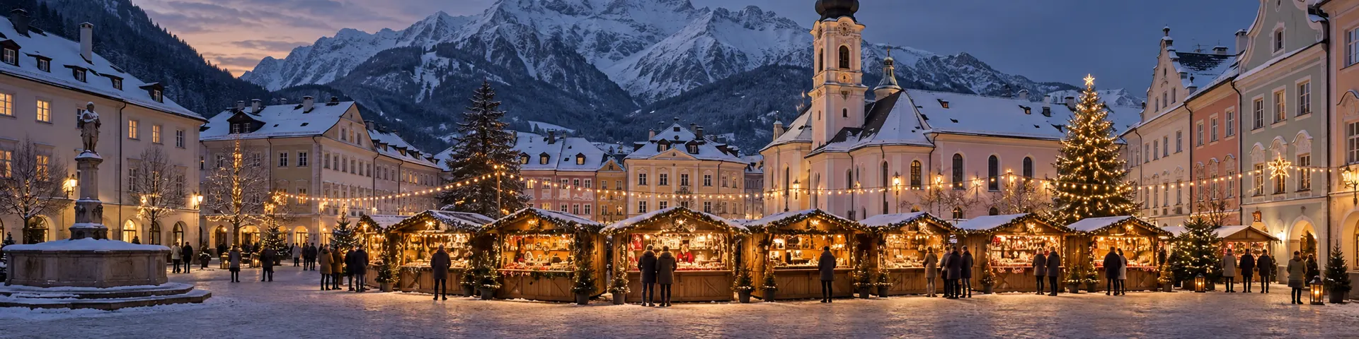 Adventmarkt mit beleuchteten Holzhütten auf einem Stadtplatz, dahinter verschneite Berge
