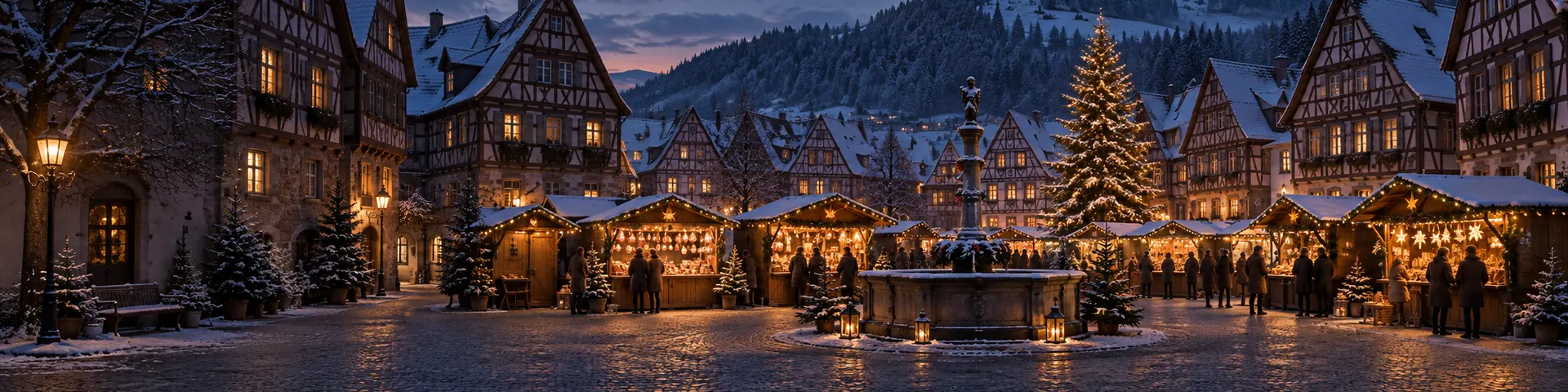 Weihnachtsmarkt mit Marktbrunnen zwischen hohen Fachwerkhäusern, dahinter bewaldete Höhen