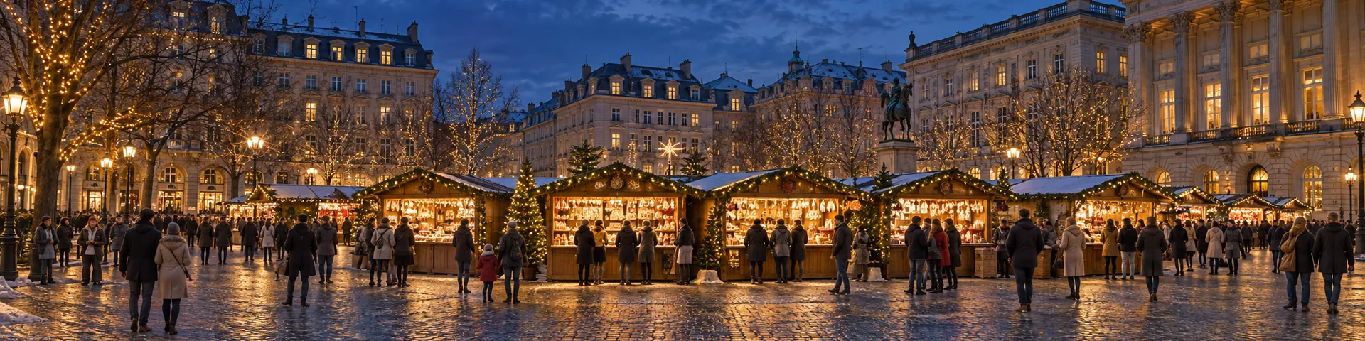 Weihnachtsmarkt mit vielen Besuchern auf einem Großstadtplatz, Bäume voller Lichterketten