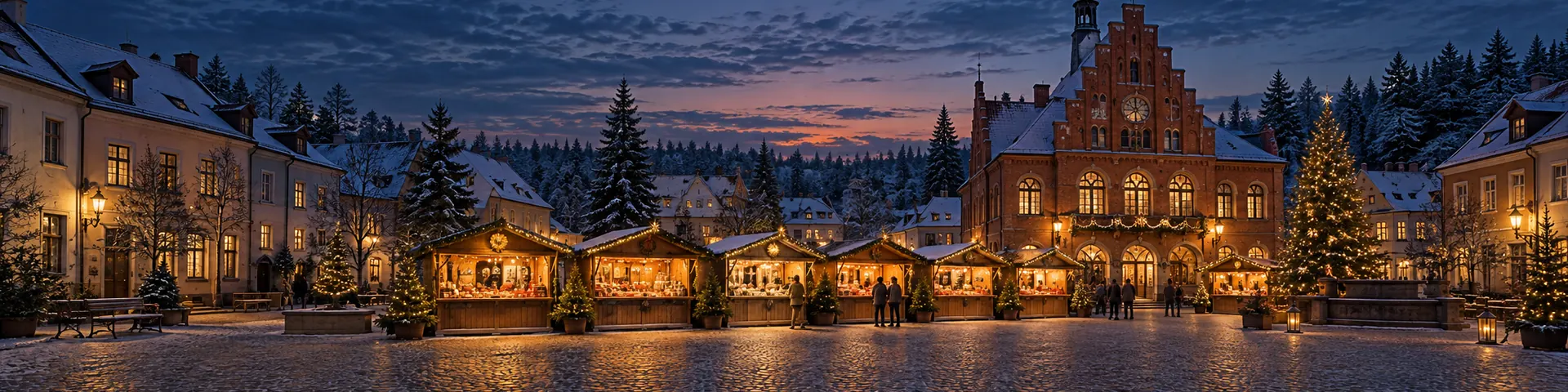 Weihnachtsmarkt vor einem Backsteinrathaus mit Stufengiebel, dahinter Kiefernwald