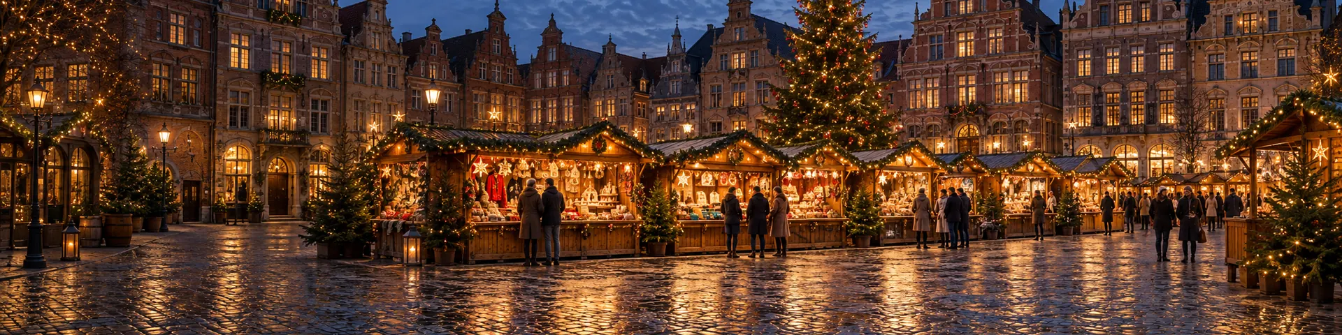 Weihnachtsmarkt vor einer Reihe reich verzierter Giebelhäuser aus Backstein und Sandstein