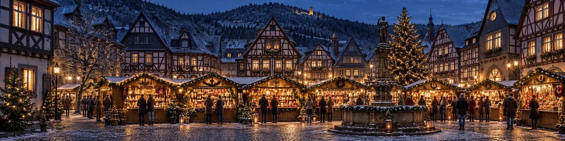 Weihnachtsmarkt mit Marktbrunnen zwischen dicht stehenden Fachwerkhäusern, dahinter ein bewaldeter Höhenzug