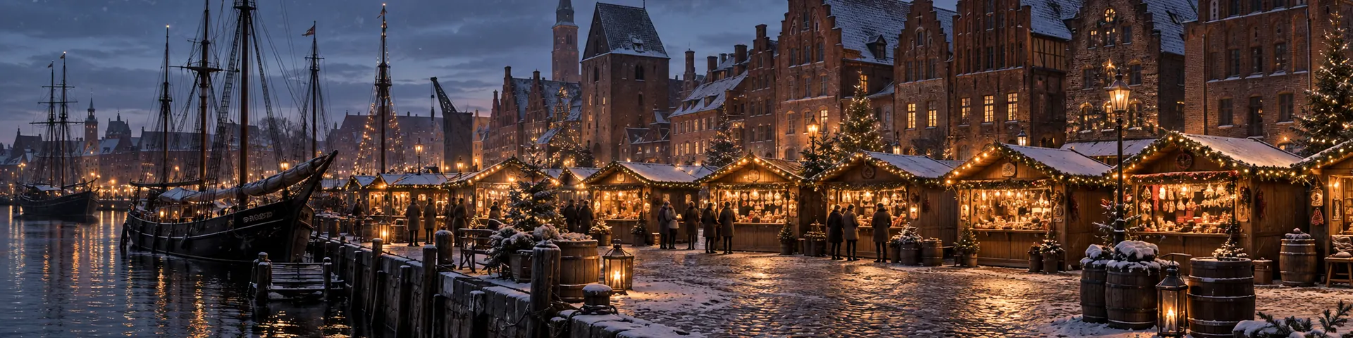 Weihnachtsbuden am Kai eines alten Hafens, daneben Segelschiffe und Backsteingiebel