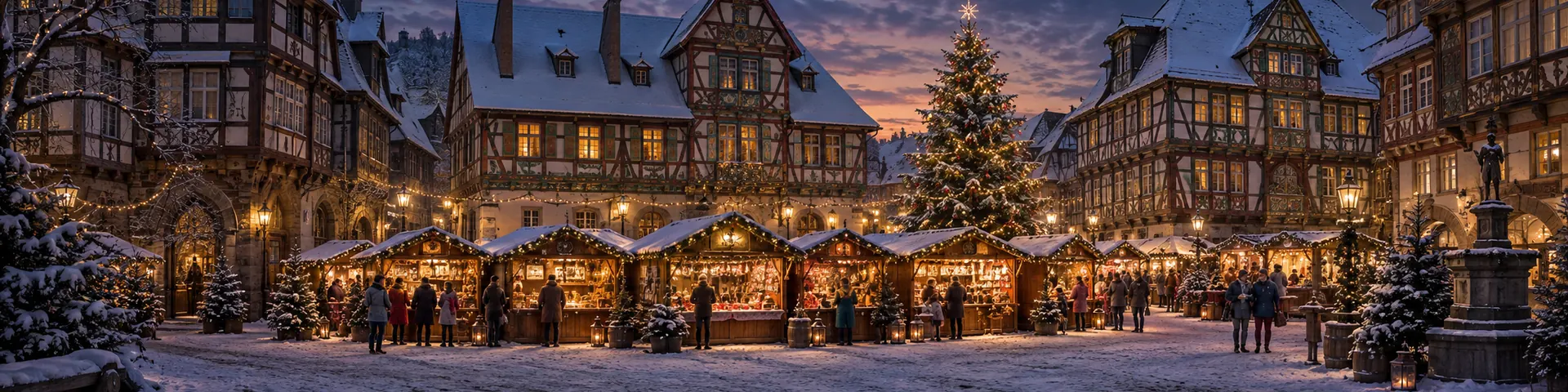 Weihnachtsmarkt zwischen breiten Fachwerkhäusern mit verzierten Balken