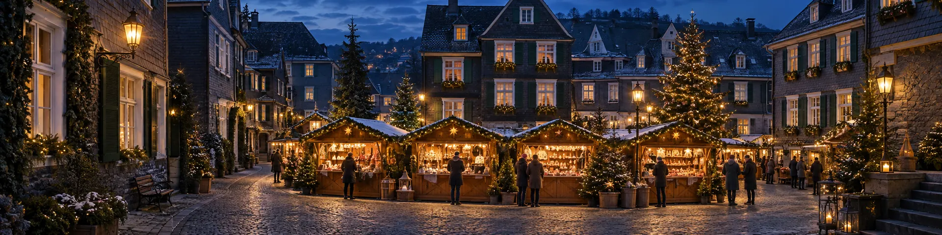 Weihnachtsbuden auf einem kleinen Altstadtplatz zwischen Schieferhäusern mit grünen Fensterläden