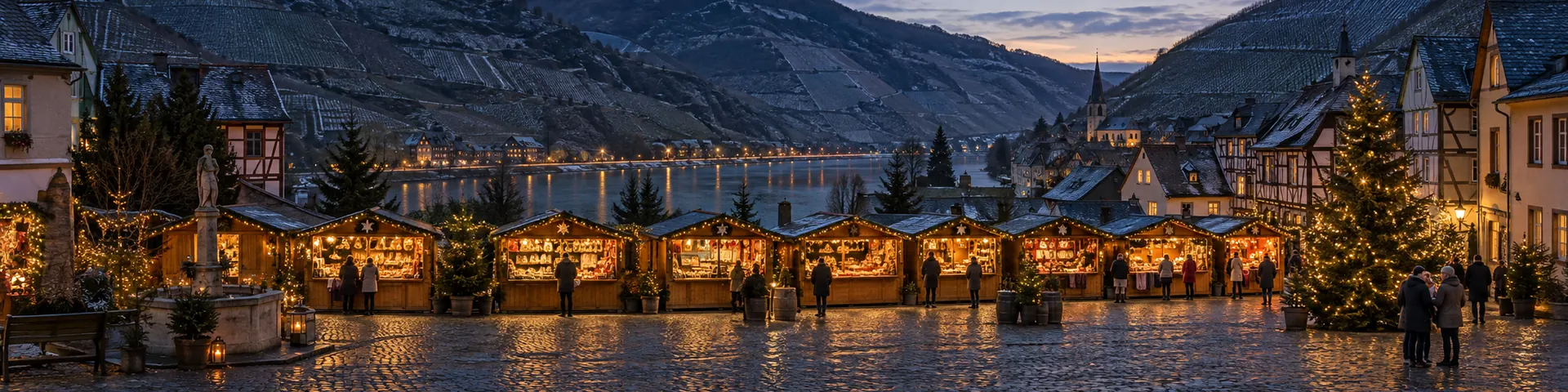 Weihnachtsmarkt in einem Weinort am Fluss, dahinter steile Weinberge