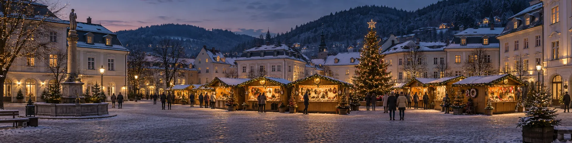 Weihnachtsmarkt auf einem Platz mit hellen Barockhäusern, dahinter bewaldete Hügel