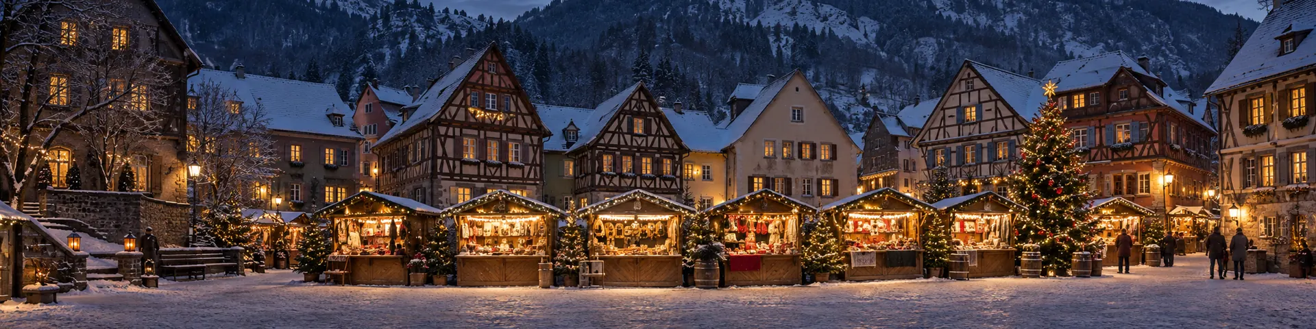 Weihnachtsmarkt zwischen bunten Fachwerkhäusern am Fuß bewaldeter Berge