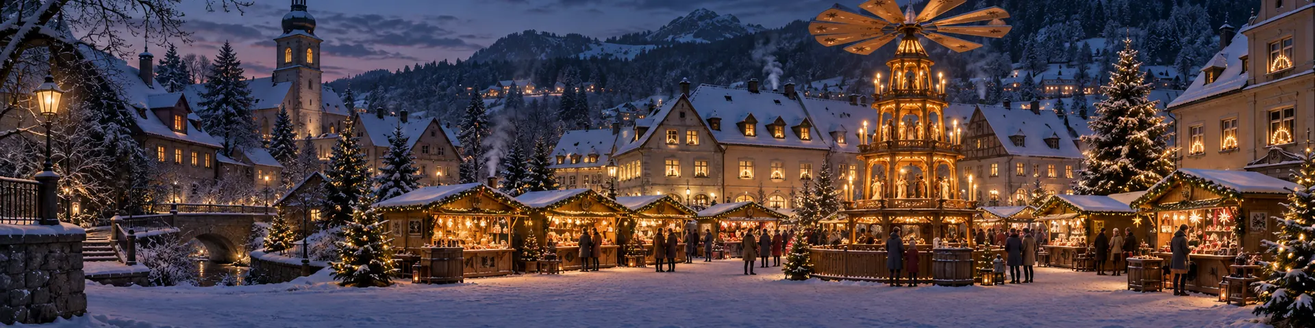 Weihnachtsmarkt mit großer Holzpyramide in einer verschneiten Bergstadt, Lichterbögen in den Fenstern
