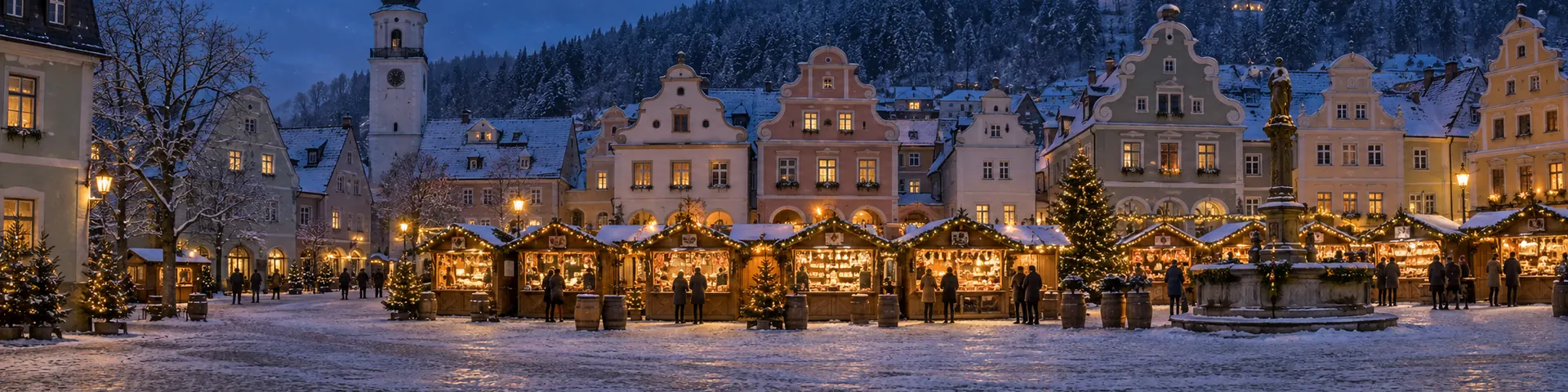 Weihnachtsmarkt mit Marktbrunnen vor Bürgerhäusern mit geschwungenen Giebeln, dahinter Fichtenwald