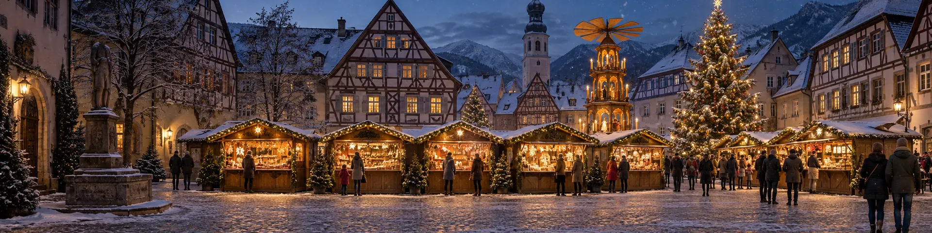 Weihnachtsmarkt mit Holzbuden und Weihnachtspyramide zwischen Fachwerkhäusern
