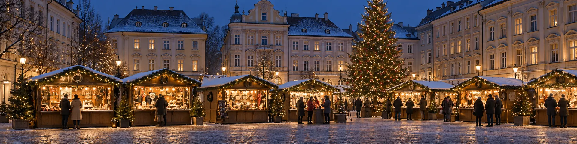 Holzhütten eines Weihnachtsmarkts mit Lichterketten auf einem Altstadtplatz in der Dämmerung